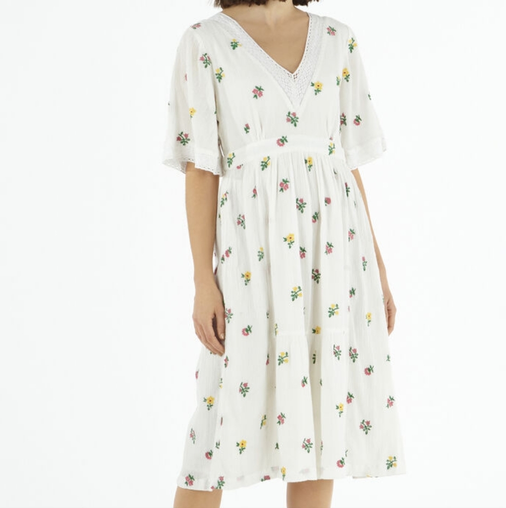 NWT Cath Kidston Bath Flowers embroidered White Cotton Crinkle Dress